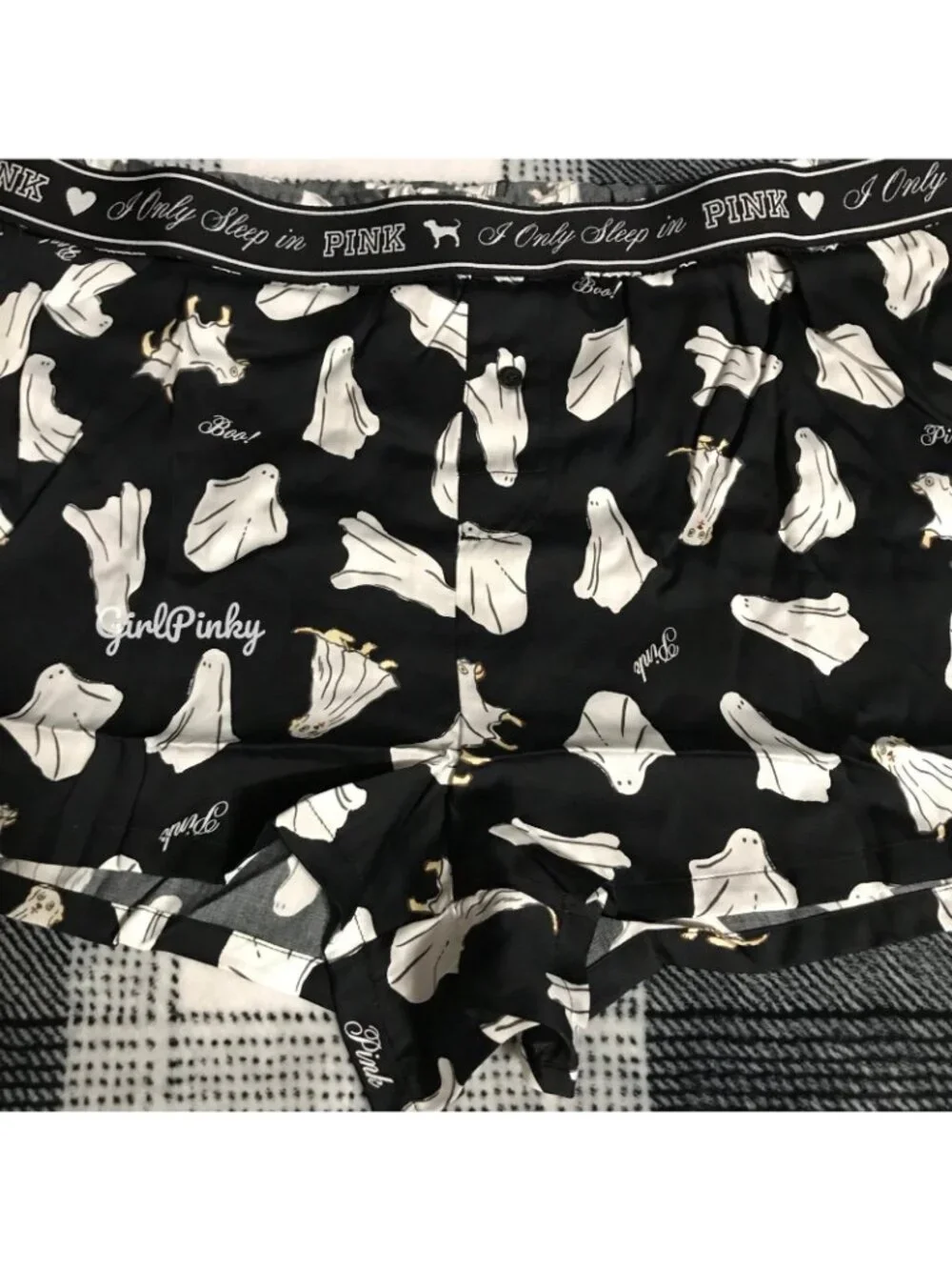 VS PINK SILKY SLEEP BOXY PAJAMA SHORTS BLACK WITH GHOST DOGS SIZE XS-XL